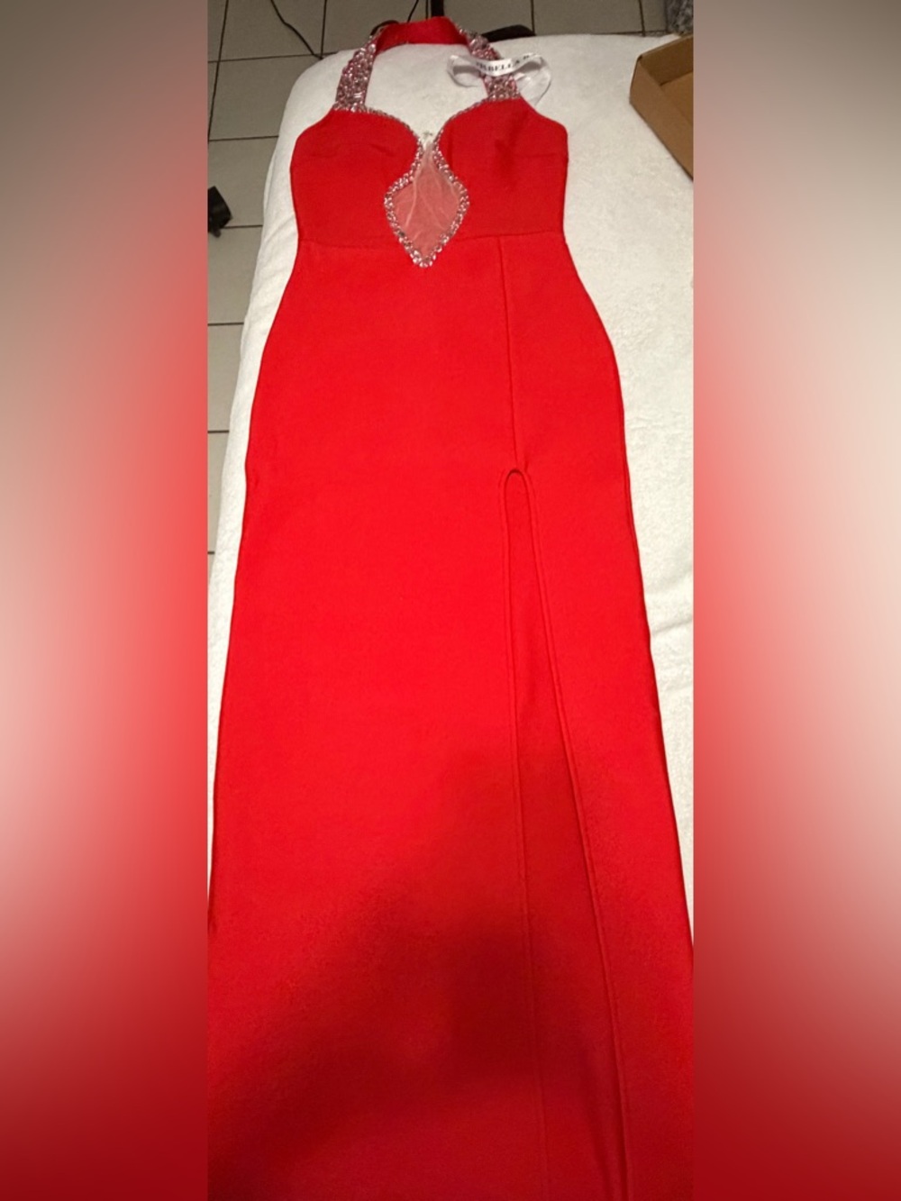 Bella Barnett Red Halter Gown with Beaded Detail